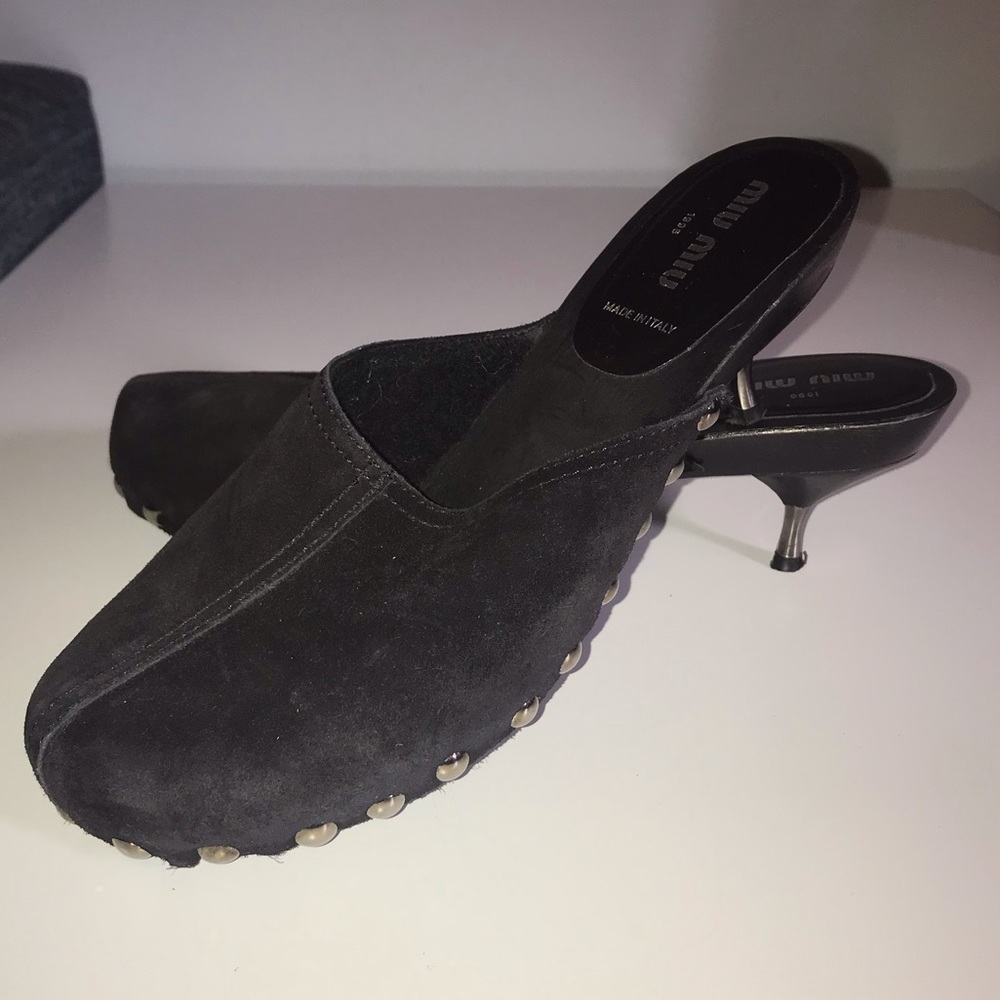 Miu Miu Black Suede Shearling Clogs 1996